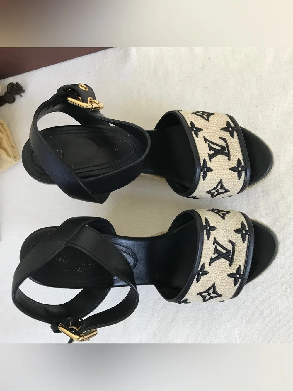 Louis Vuitton Black and Natural Monogram Espadrille Wedges - Picture 8 of 12
